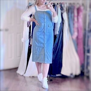 Lovers+Friends Midi Jean Dress Jumper Overall Pinafore Button Front Kaia NEW